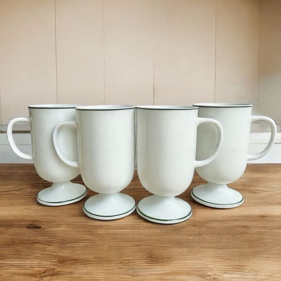 Vintage Irish Coffee White Shamrock Green Trim Footed Ceramic Mugs Set of 4 - Picture 5 of 16